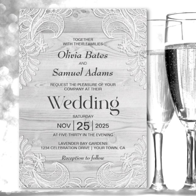 Invitación Boda de madera de encaje blanco rústico (Subido por el creador)