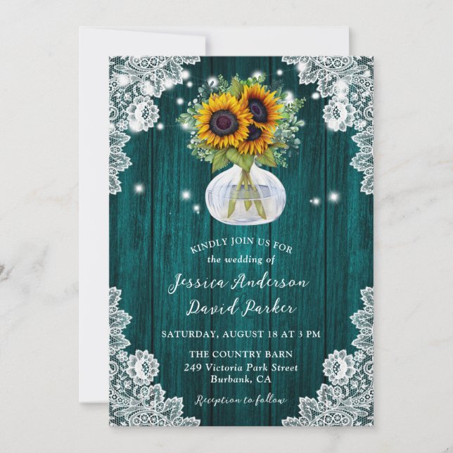 Invitación Boda de madera de encaje floral de girasol verde a (Anverso)