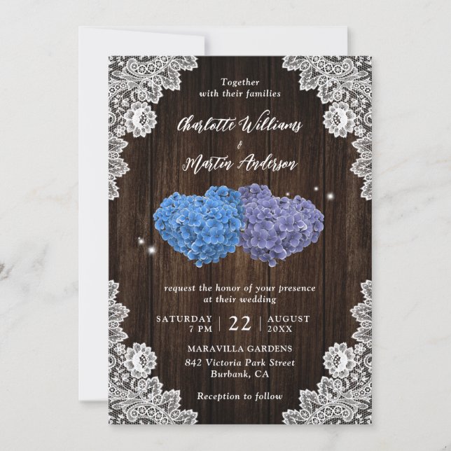 Invitación Boda de Madera de Encaje Floral Rústico Púrpura y  (Anverso)