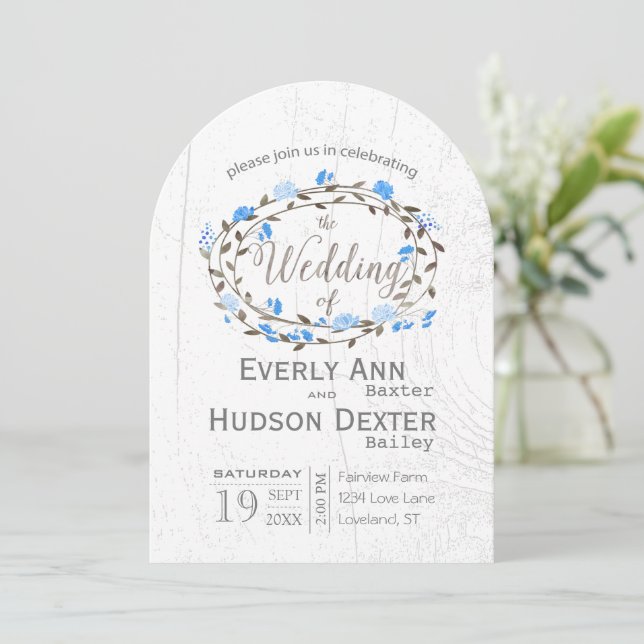Invitación Boda de madera de grano de paja azul y rústico (Anverso de pie)