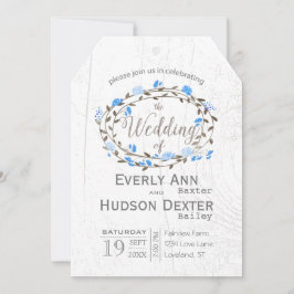 Invitación Boda de madera de grano de paja azul y rústico