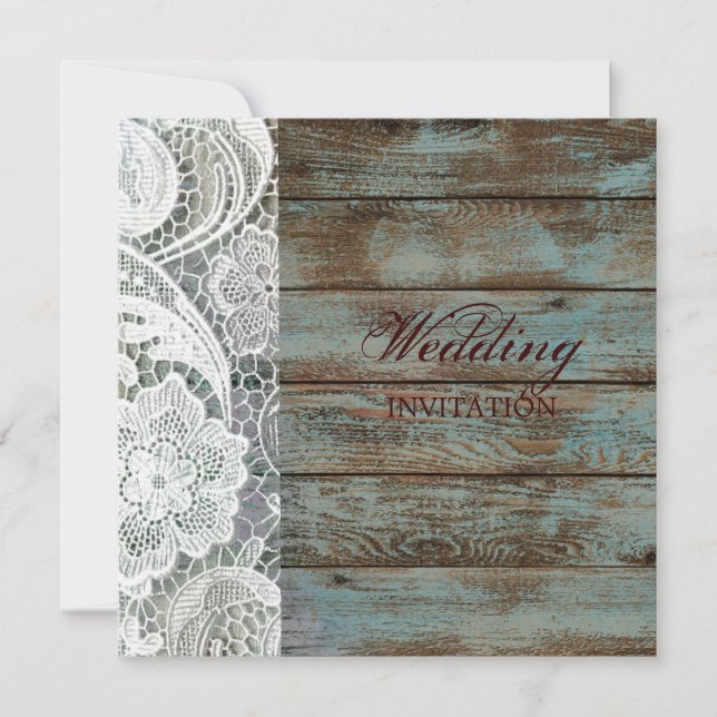 Invitación boda de madera de grano verde azulado de encaje bl (Anverso)