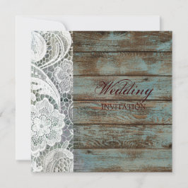 Invitación boda de madera de grano verde azulado de encaje bl