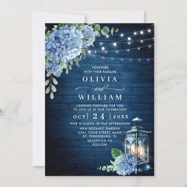 Invitación Boda de madera de la Marina Azul Hydrangea Lantern (Anverso)