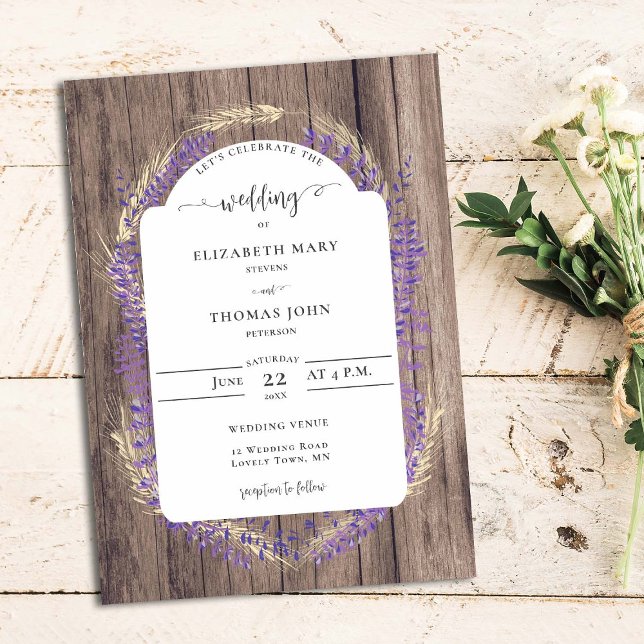 Invitación Boda de madera de marco floral de trigo de lavanda (Subido por el creador)