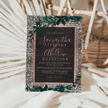 Invitación boda de madera de nieve de hoja de tipografía de o<br><div class="desc">Una moderna,  moda y elegante tipografía de oro subió Navidades florales verdes invitación a bodas de invierno con hojas de color verde a mano sobre una rústica madera marrón a rayas con nieve blanca y copos de nieve.</div>