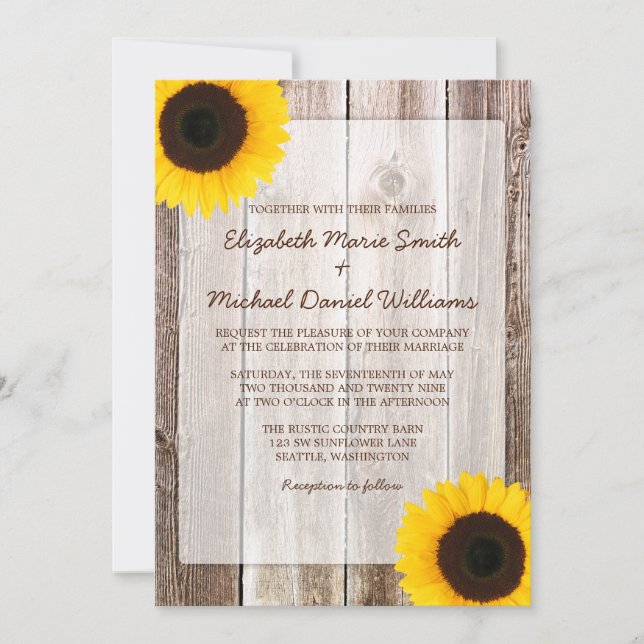 Invitación Boda de madera de pajar rústica de girasol (Anverso)
