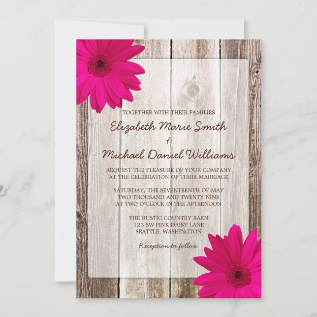 Invitación Boda de madera de pink Daisy Rustic Barn (Anverso)