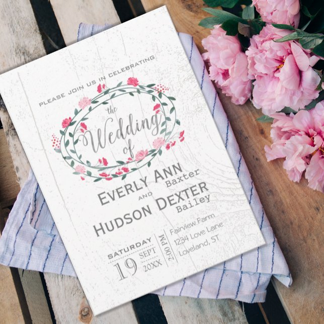 Invitación Boda de madera de púrpura de Pink Garland (Subido por el creador)