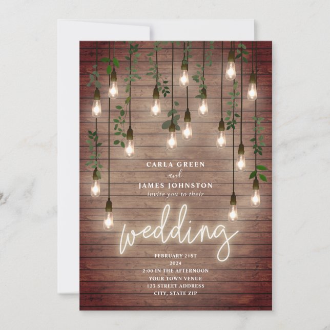 Invitación Boda de madera de Rótulo Neon Lightbulbs Vintage (Anverso)
