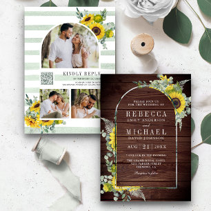 Invitación Boda de madera del código QR del Sunflower Eucalyp