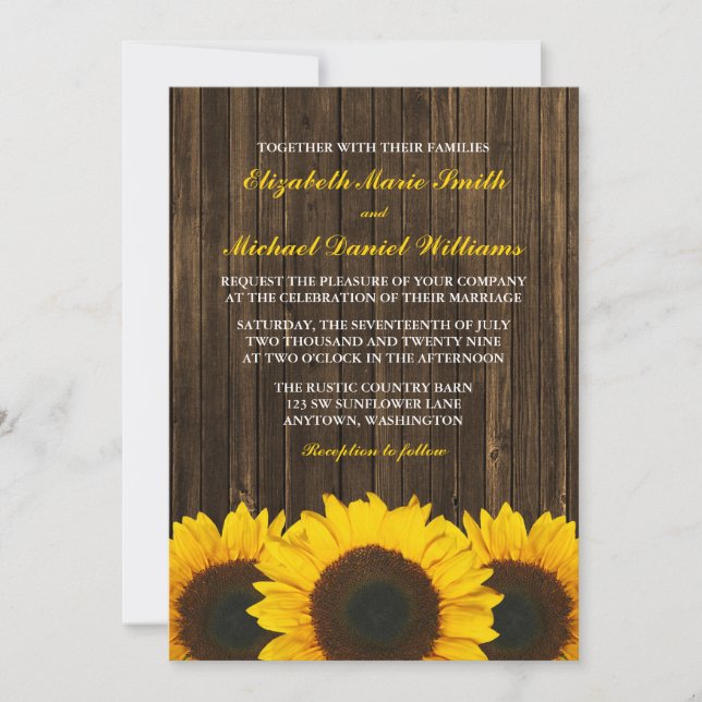 Invitación Boda de madera del granero de los girasoles (Anverso)