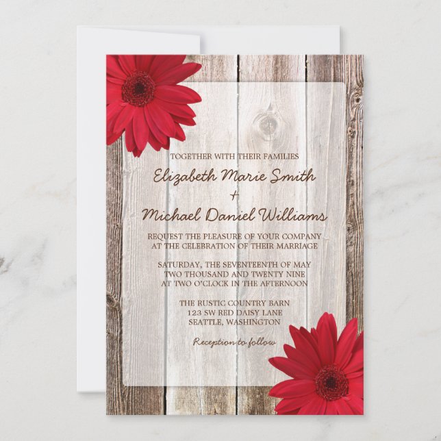 Invitación Boda de madera del granero rústico rojo de la (Anverso)