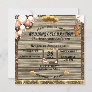Invitación Boda de madera del Purpurina de oro del Boho ruso
