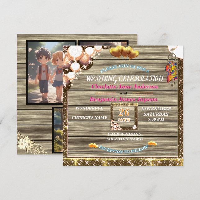 Invitación Boda de madera del Purpurina de oro del Boho ruso (Anverso / Reverso)