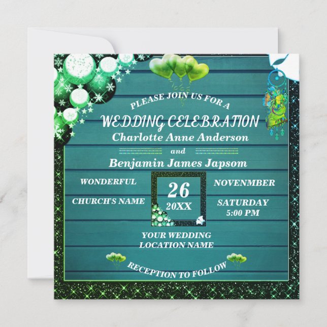 Invitación Boda de madera del Purpurina ruso Boho verde (Anverso)