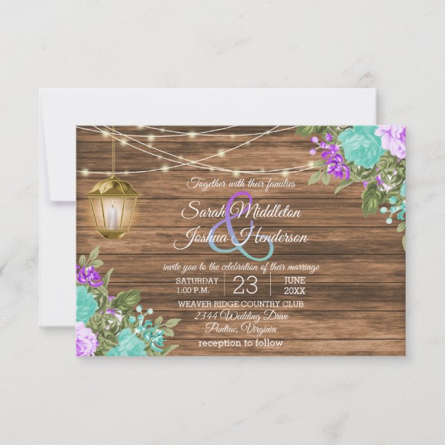 Invitación Boda de madera, farolillos y flores Verde azuladas (Anverso)
