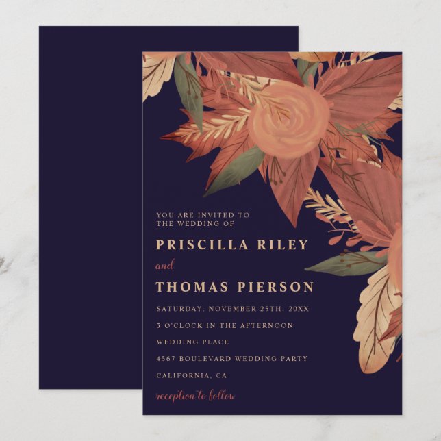Invitación Boda de madera floral azul marino (Anverso / Reverso)