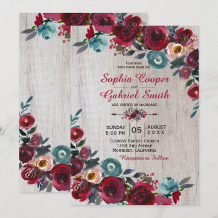 Invitación Boda de madera floral de la Marina Borgoña Botánic