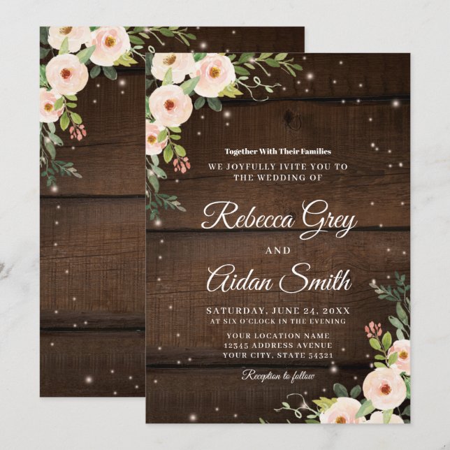 Invitación Boda de madera floral rústica brillante (Anverso / Reverso)