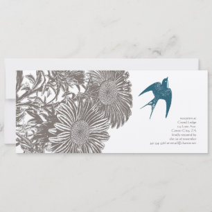 Invitación Boda de madera flotante flor vintage y pájaro azul