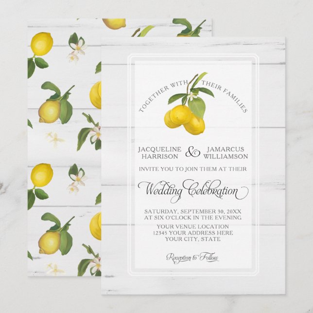 Invitación Boda de Madera Gris Blanco Amarillo Floral Cítrico (Anverso / Reverso)