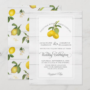 Invitación Boda de Madera Gris Blanco Amarillo Floral Cítrico