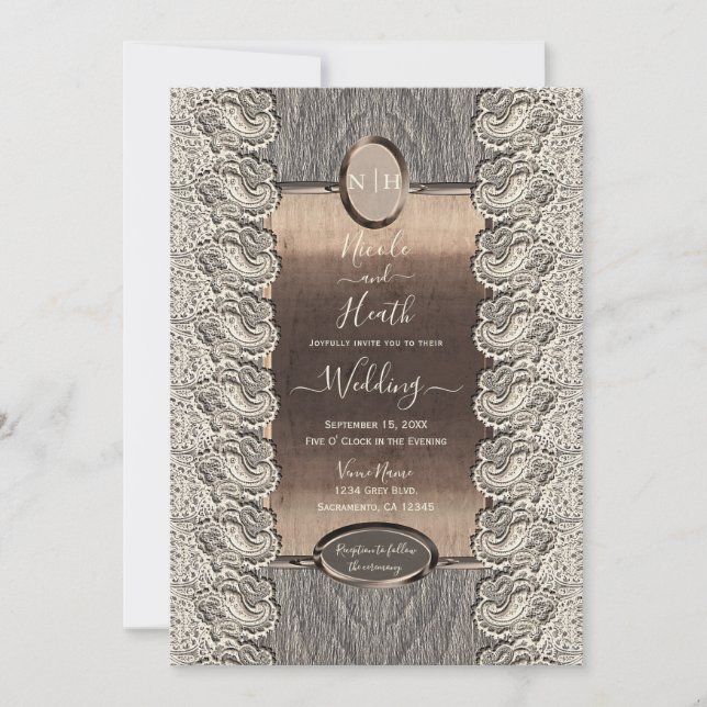 Invitación Boda de madera gris de encaje antiguo y cobre (Anverso)