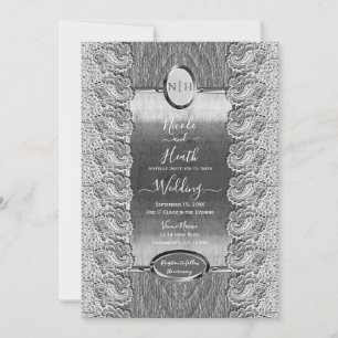 Invitación Boda de Madera Gris Encaje Blanco Antiguo Plata