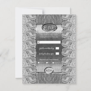 Invitación Boda de Madera Gris Encaje Blanco Antiguo Plata