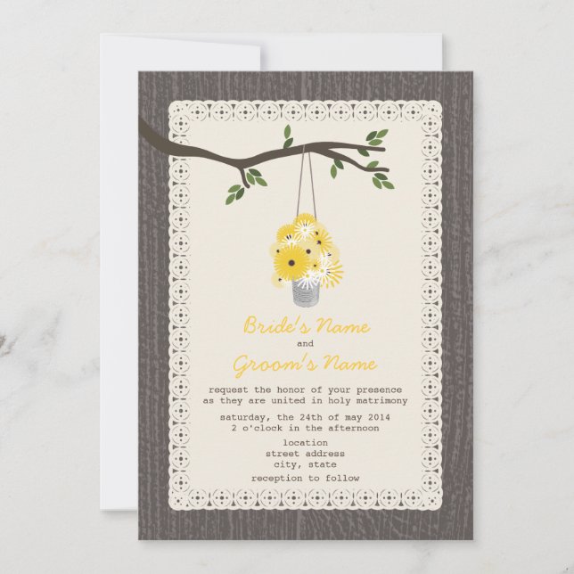 Invitación Boda De Madera Inspirada / Tin Can De Flores Silve (Anverso)