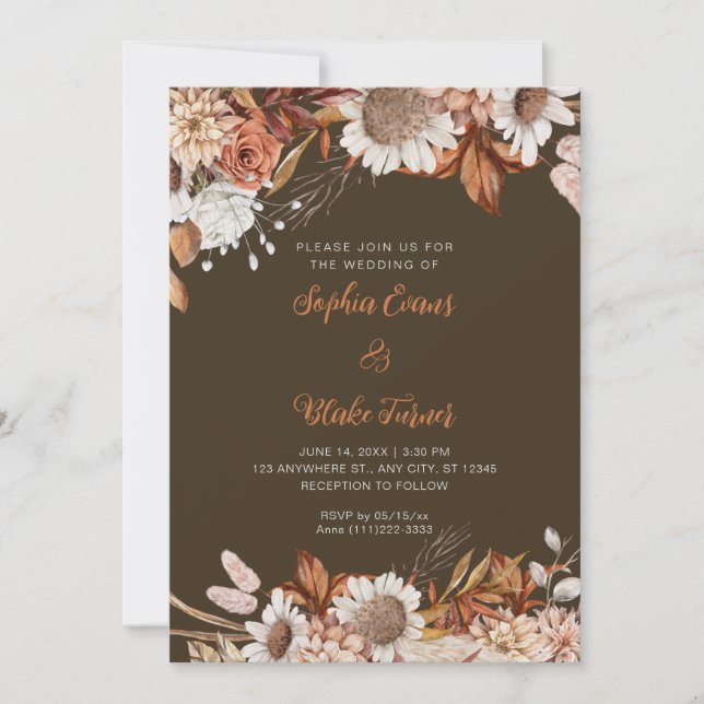 Invitación Boda de Madera Marrón Blanca Flores Boho Rustica (Anverso)