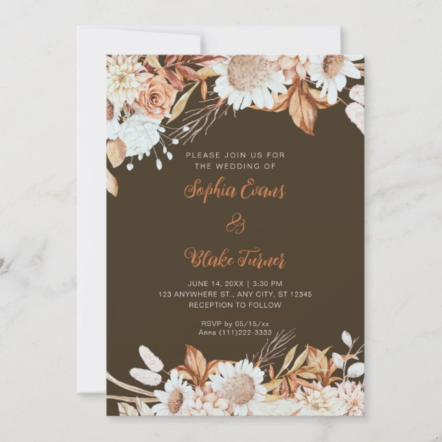 Invitación Boda de Madera Marrón Blanca Flores Boho Rustica (Anverso)
