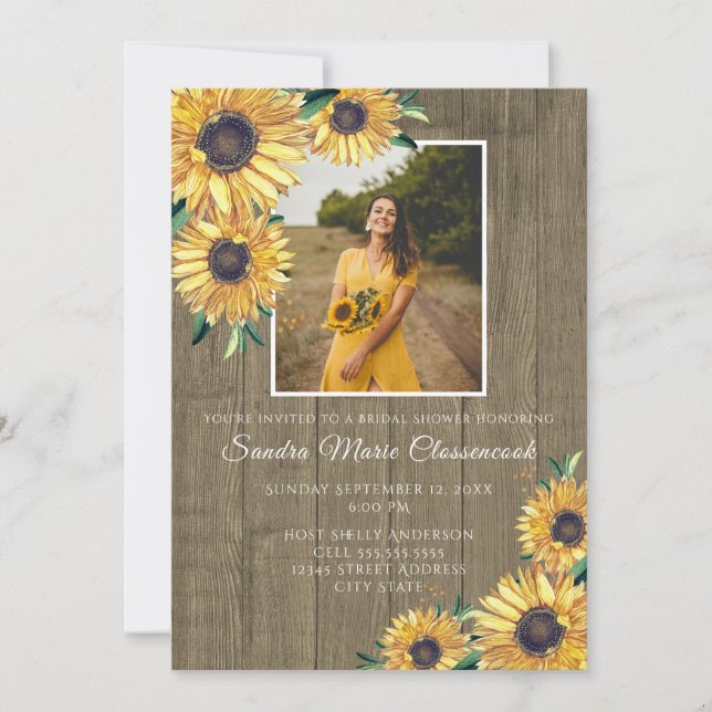 Invitación Boda de madera marrón de girasol ruso ducha de nov (Anverso)
