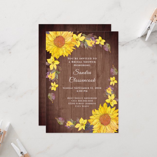 Invitación Boda de madera marrón de girasol ruso ducha de nov (Anverso/Reverso In Situ)