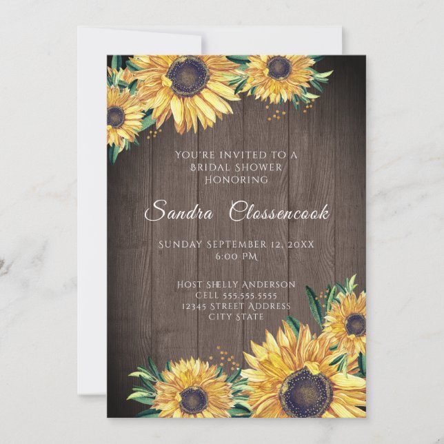 Invitación Boda de madera marrón de girasol ruso ducha de nov (Anverso)