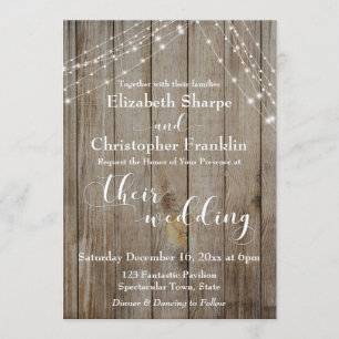 Invitación Boda de Madera Marrón Deteriorada y Luces Blancas