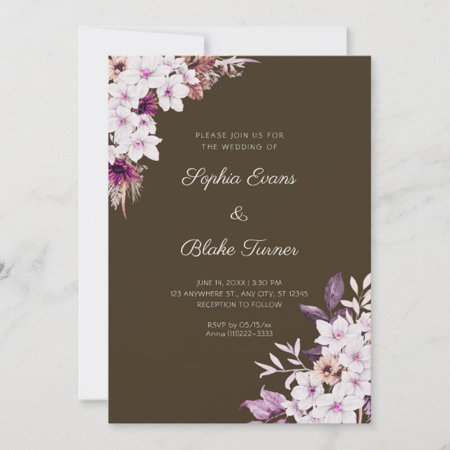 Invitación Boda de Madera Marrón Flores Rosadas Blancas Boho  (Anverso)
