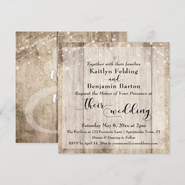 Invitación Boda de Madera Marrón Rústica y Luz Blanca 3 (Anverso / Reverso)