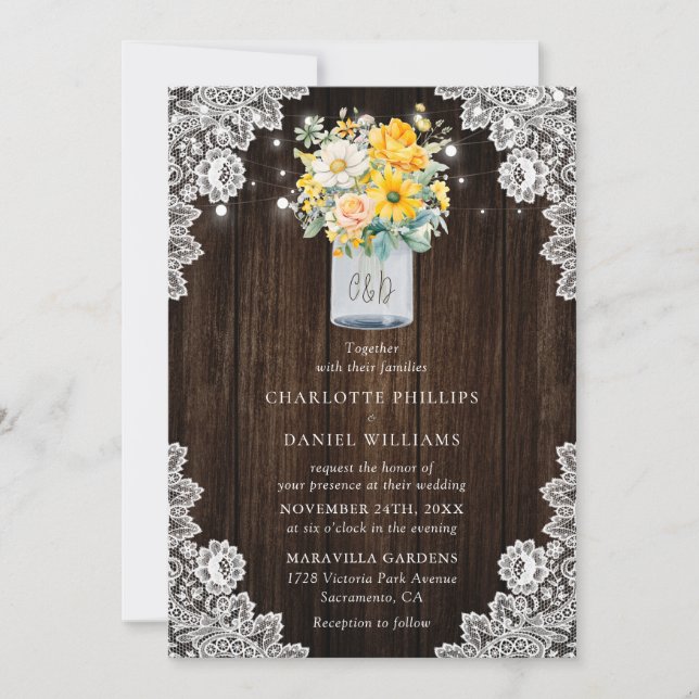 Invitación Boda de Madera Mason Mason, floral Rústico de yerb (Anverso)