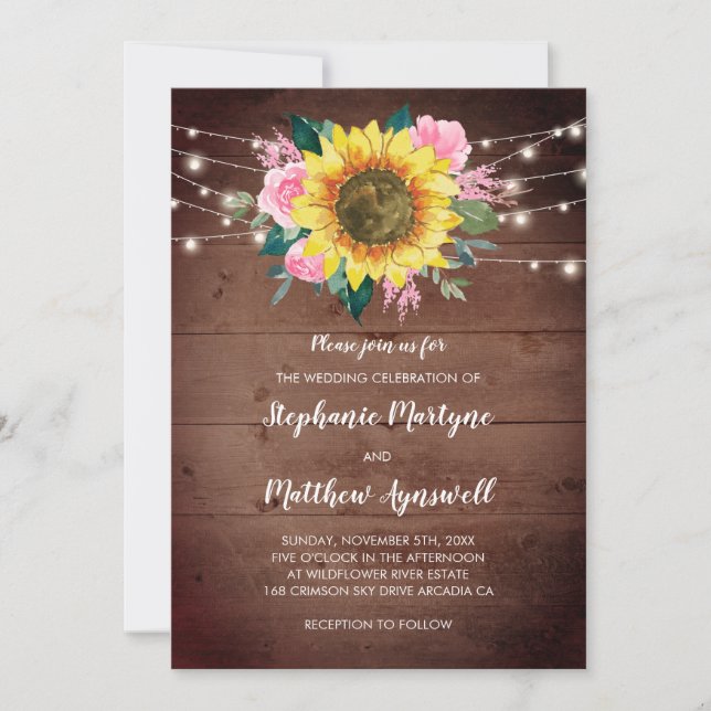 Invitación Boda de madera rosa rosa de girasol Floral (Anverso)