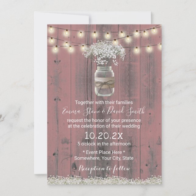 Invitación Boda de madera rosa Rústica Rústica con flores de  (Anverso)