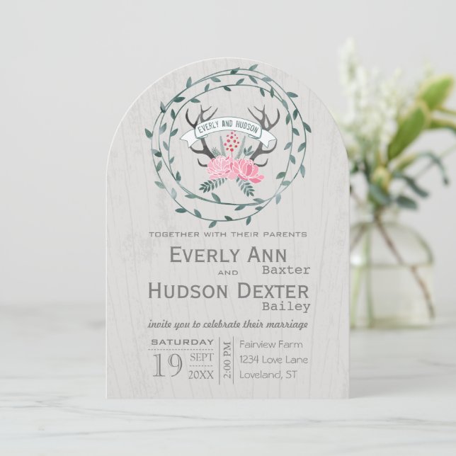 Invitación Boda de Madera Rustic Forest Garland Antler Barn (Anverso de pie)