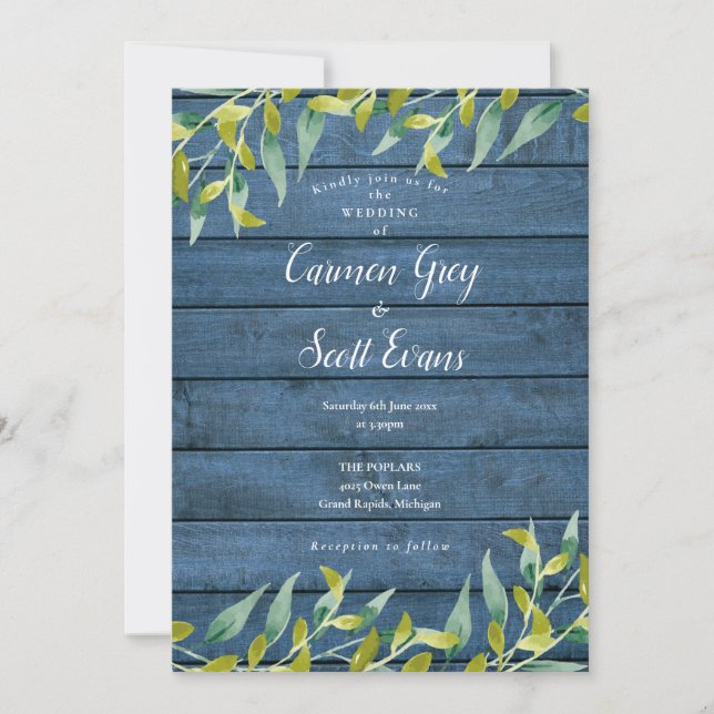 Invitación Boda de madera rústica azul con eucalipto verde (Anverso)