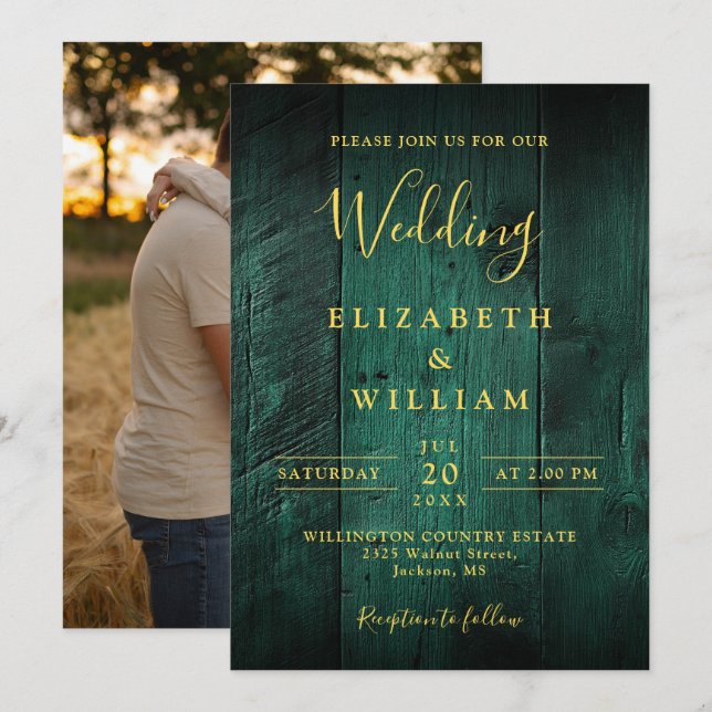 Invitación Boda de madera rústica boho verde esmeralda Foto (Anverso / Reverso)