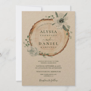 Invitación Boda de madera rústica botánica acuarela
