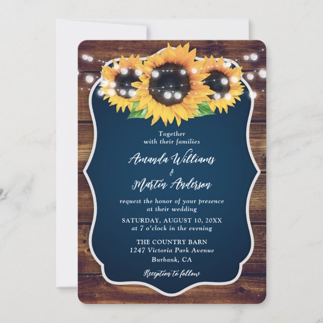 Invitación Boda de madera rústica con girasoles azules marino (Anverso)