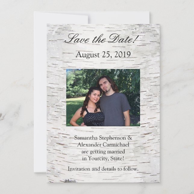 Invitación Boda de madera rústica de corteza de abedul de pap (Anverso)