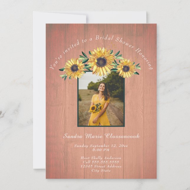 Invitación Boda de Madera Rústica de Girasol Peach (Anverso)