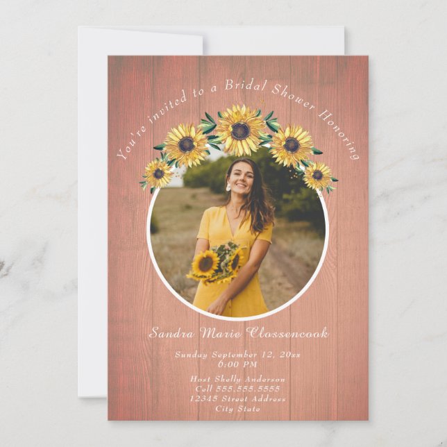 Invitación Boda de Madera Rústica de Girasol Peach (Anverso)